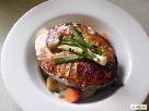 Steamed salmon with vegetables and soy and mirin sauce