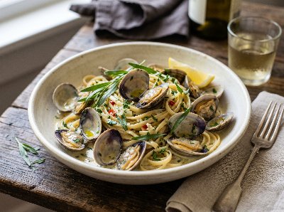 Linguini and clams in a creamy tarragon sauce