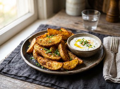 Spicy potato wedges with sour cream dipping sauce