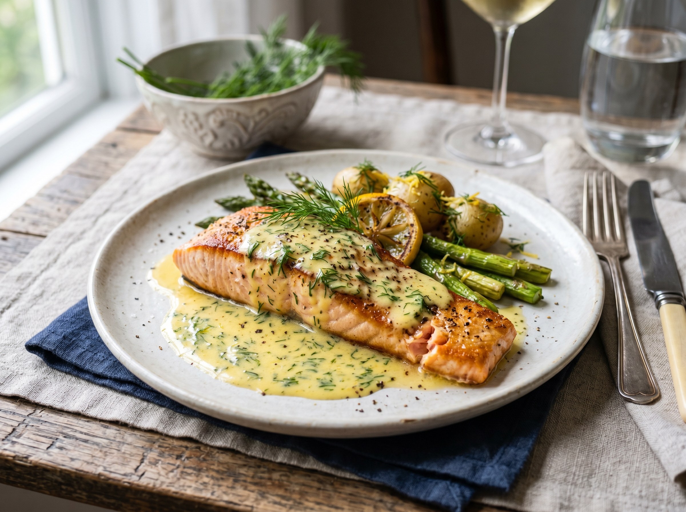 Salmon with lemon and dill butter sauce