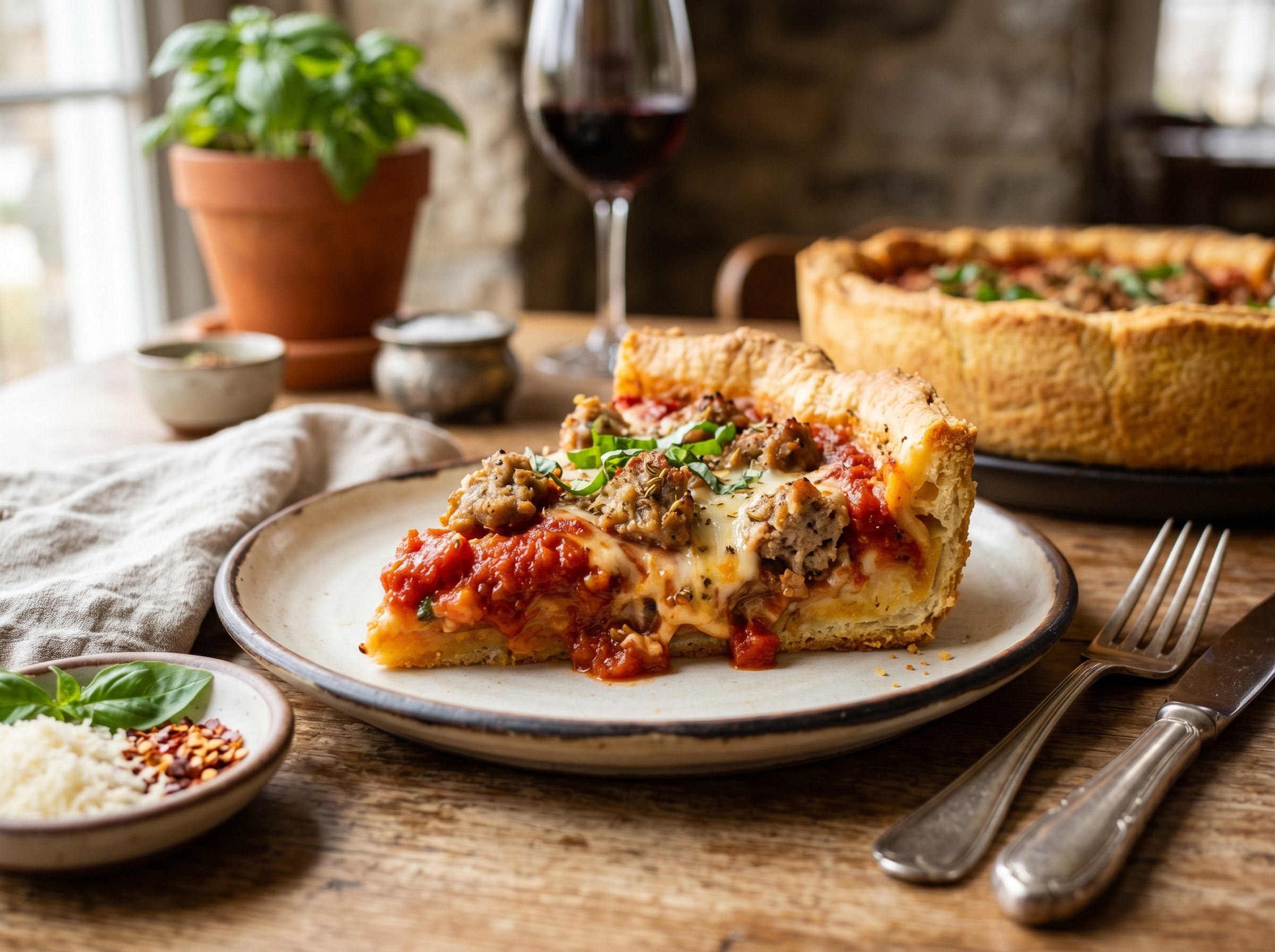 A slice of the deep dish pizza