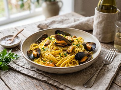 Linguine with mussels in saffron butter sauce