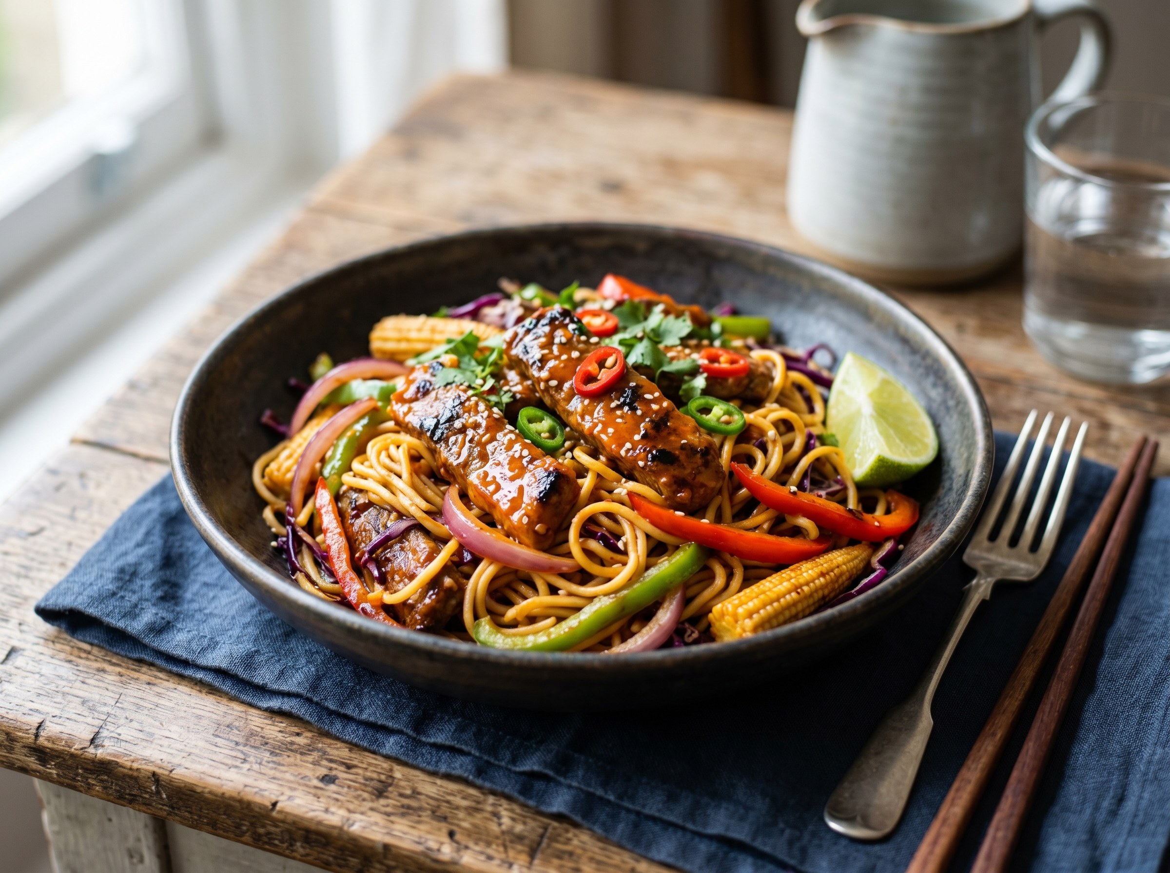 Hot and sweet Peri Peri beef strips with noodles